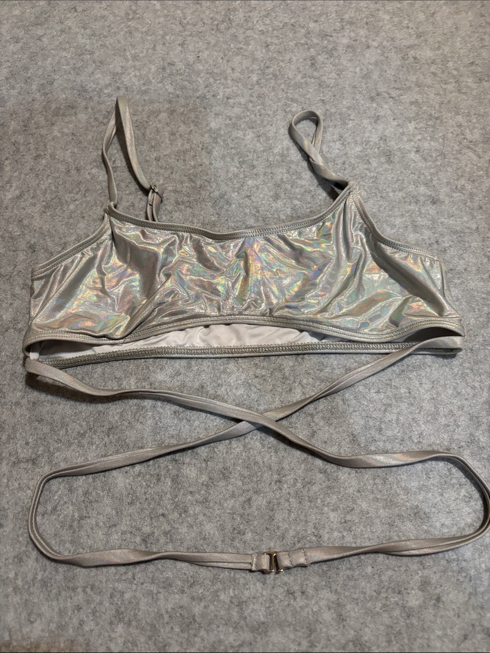 Holographic Iridescent Silver Swim Rave Top with Wrap Straps